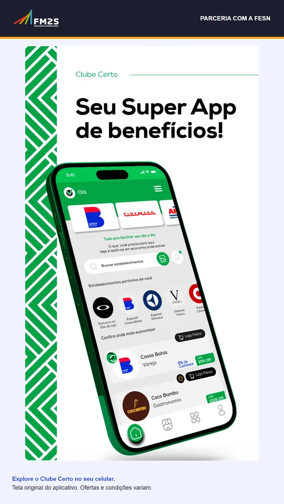 Composição FM2S + FESN com material original do Clube Certo e celular mostrando busca de estabelecimentos, ofertas e opções em lojas físicas.