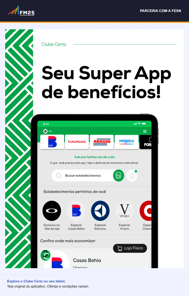 Composição FM2S + FESN com material original do Clube Certo e tablet mostrando parceiros, busca de estabelecimentos e lojas físicas.