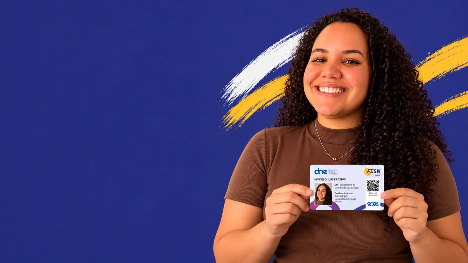 Montagem ilustrativa criada com IA a partir da foto de Michele, do Juix de Fora, apresentando uma carteirinha FESN com dados fictícios e o retrato correspondente.