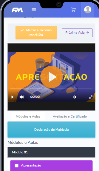 Print original da primeira aula no celular, com o botão Declaração de Matrícula abaixo do vídeo.