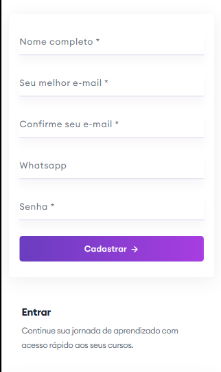 Print original enviado: cadastro na Master Educar com campos e botão Cadastrar.