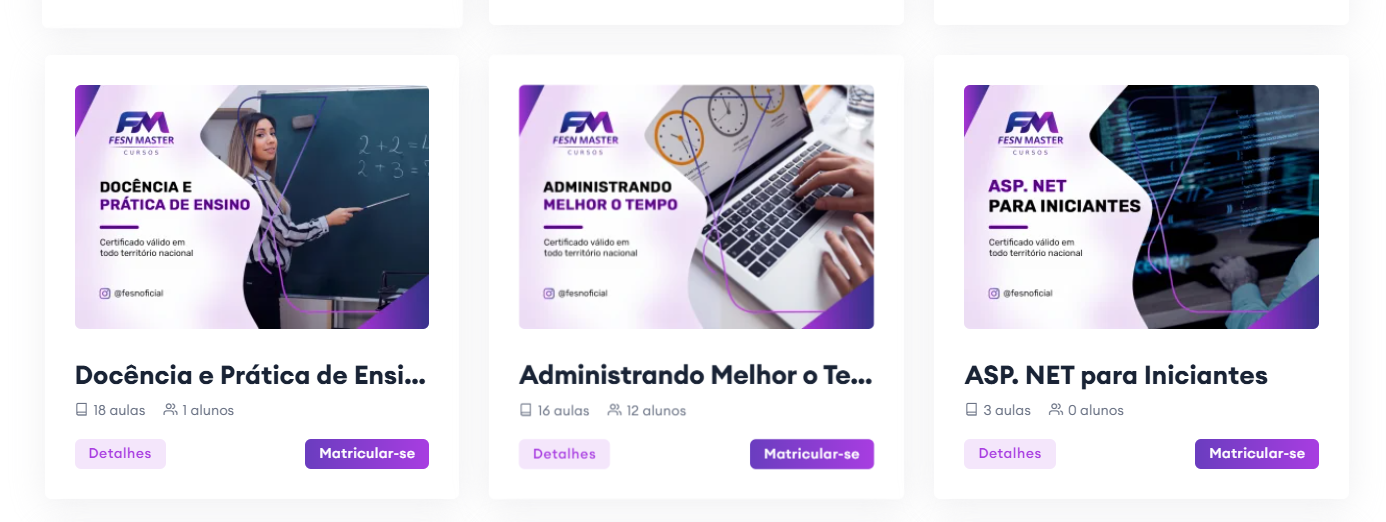 Print original do catálogo, com cursos e os botões Matricular-se.
