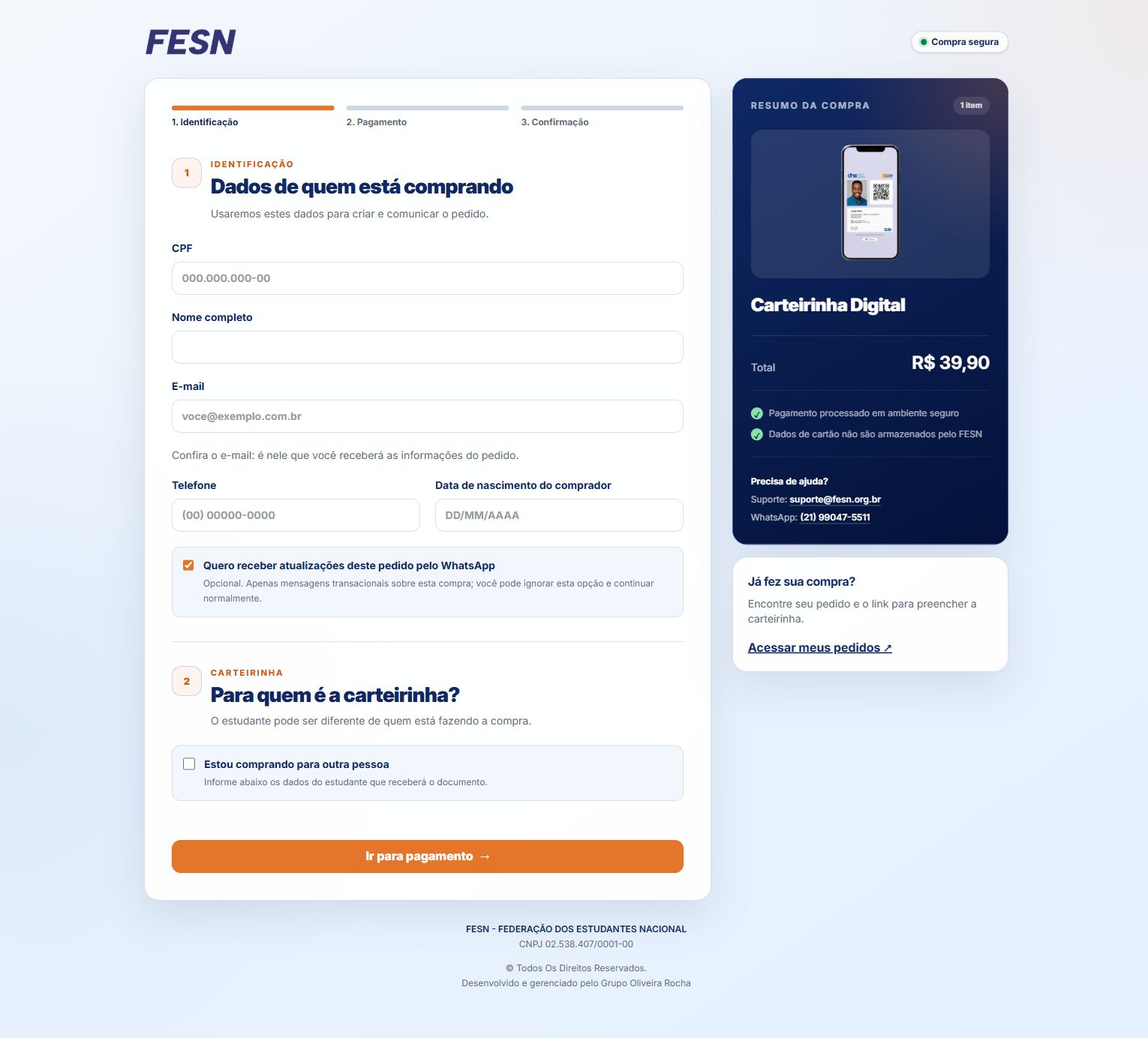 Checkout atual da FESN, com campos vazios, opção de compra para outra pessoa e botão Ir para pagamento.