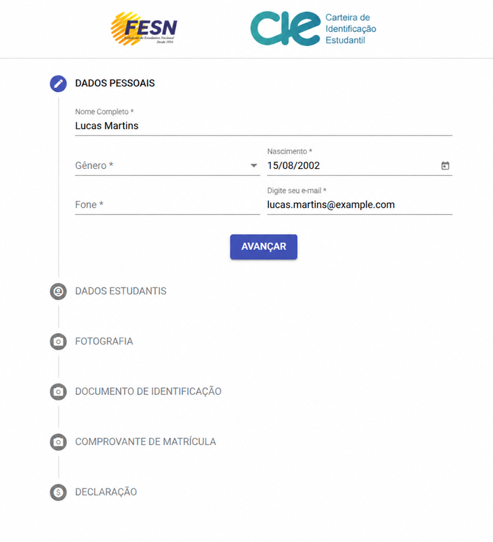 Exemplo já existente do cadastro FESN com dados fictícios e a etapa Comprovante de Matrícula.