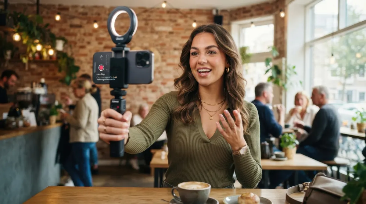 Creator gravando conteúdo com smartphone em um café