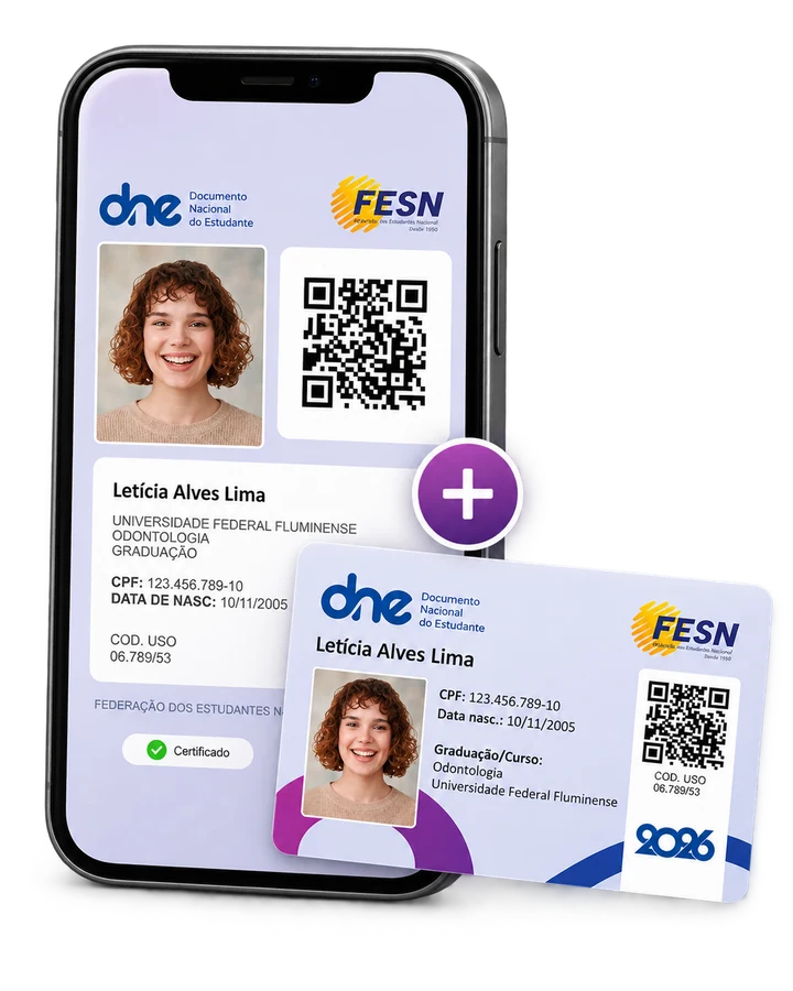 Mockup da carteirinha digital e da carteirinha física da FESN