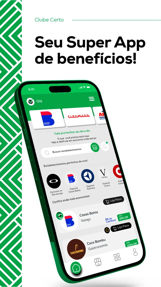 Material do Clube Certo com celular mostrando busca de estabelecimentos, ofertas e opções em lojas físicas.