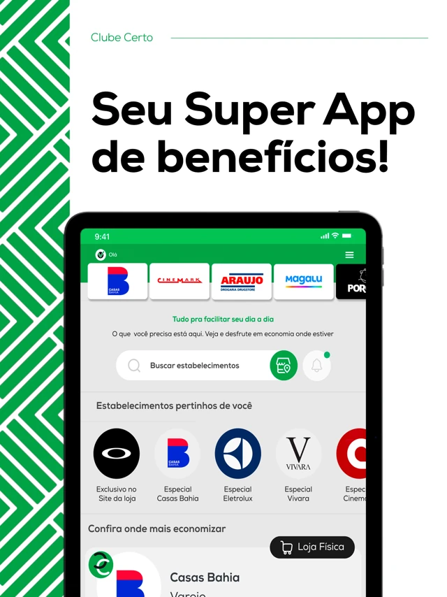Material do Clube Certo com tablet mostrando parceiros, busca de estabelecimentos e lojas físicas.